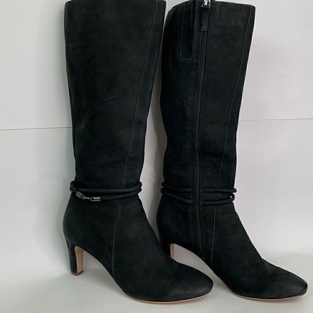 Ecco Black Suede Leather heeled boots with ankle wrap detail